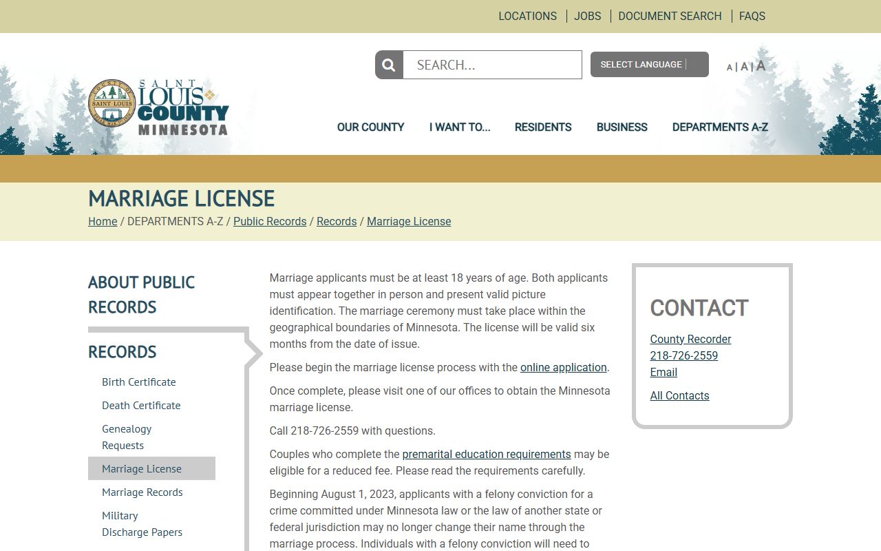 St. Louis County court administration marriage license recorder instructions