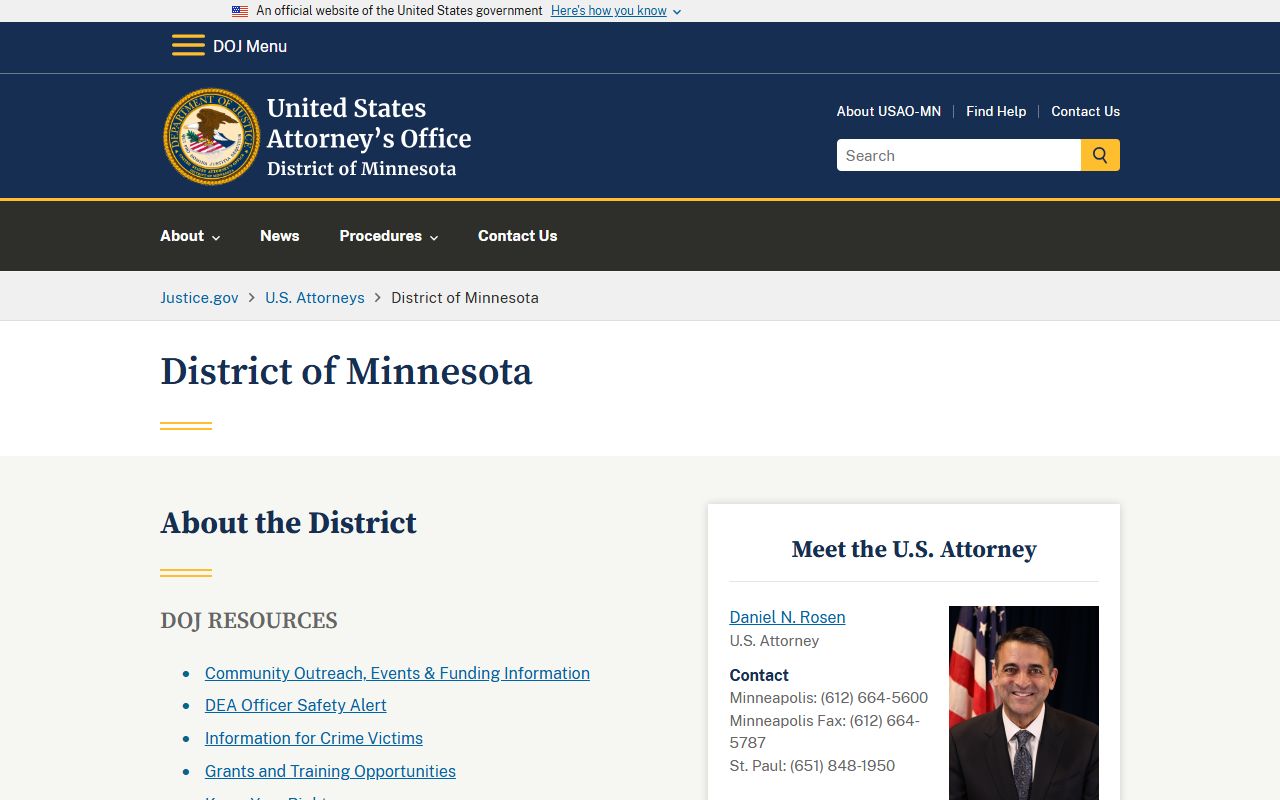 U.S. Attorney District of Minnesota source page for federal prosecution context