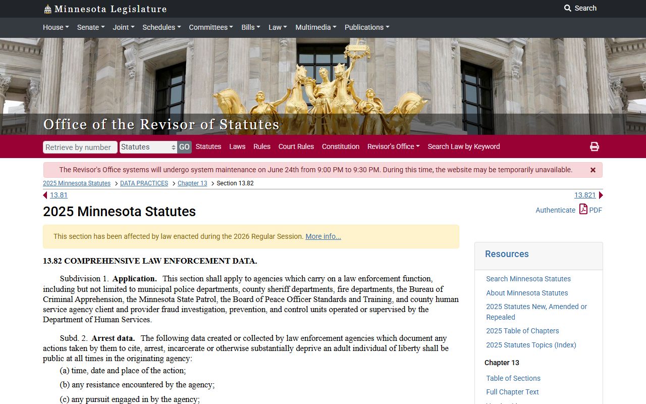 Minnesota law enforcement statute source for public data and arrest-related records