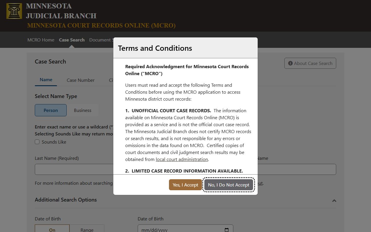 MCRO case search page for St. Louis County court records