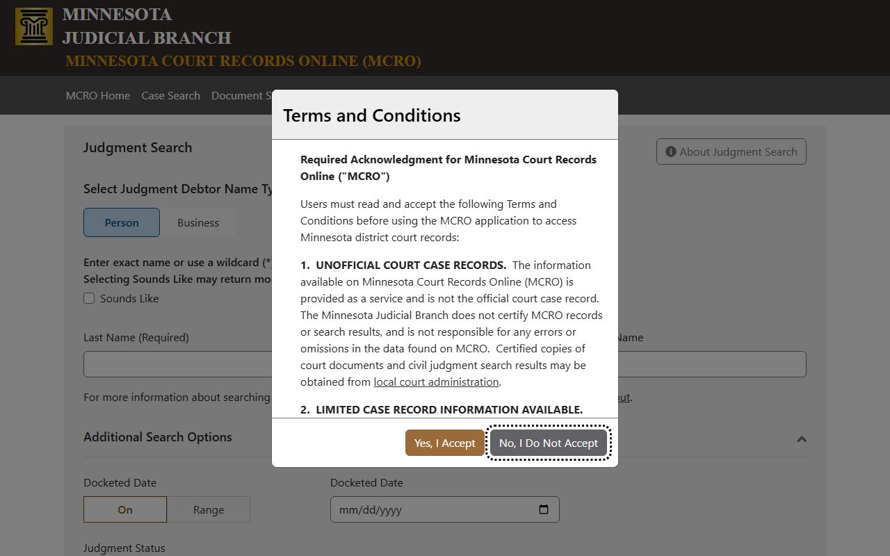 MCRO judgment search for docketed money judgments