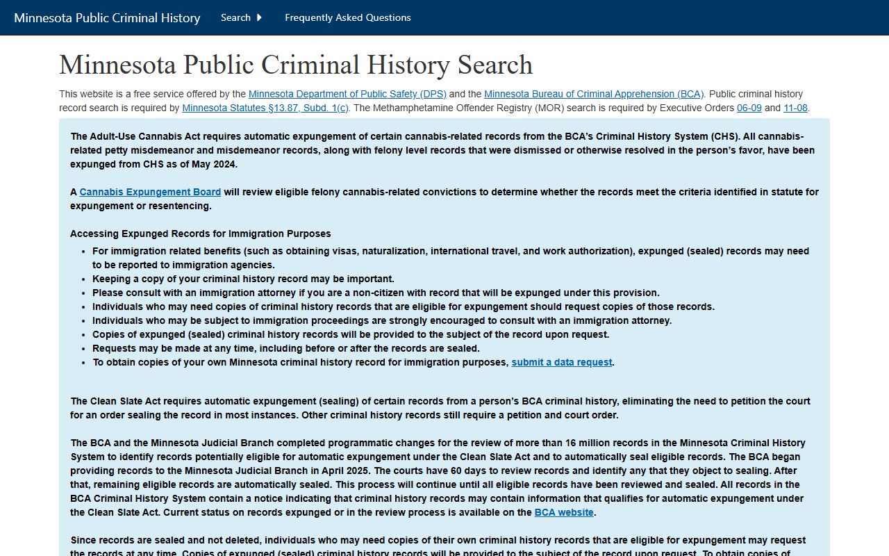 BCA public criminal history search context for Minnesota background checks