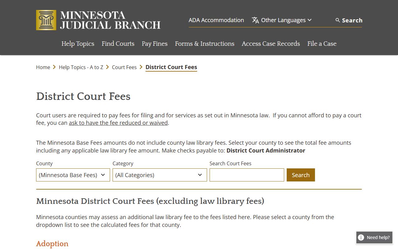 Minnesota District Court fee schedule page