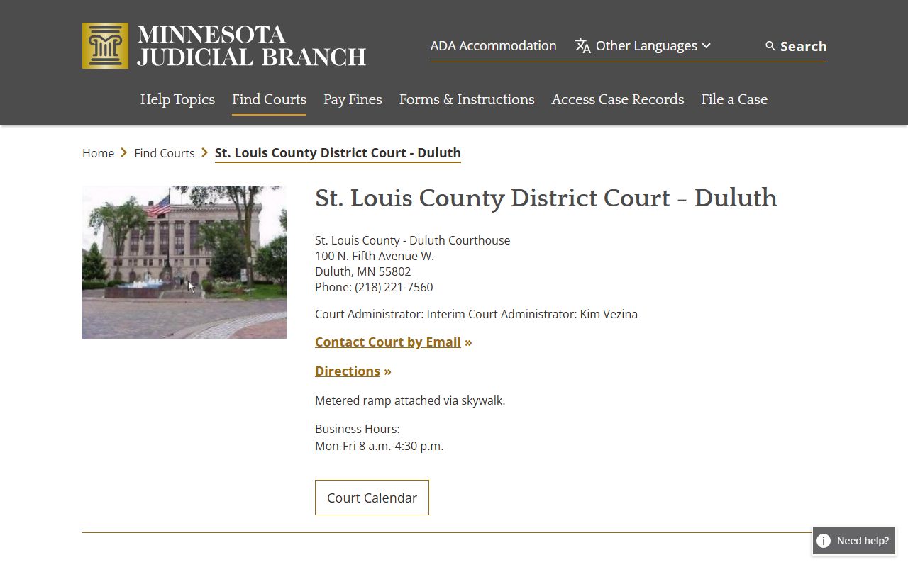 Duluth District Court page in St. Louis County