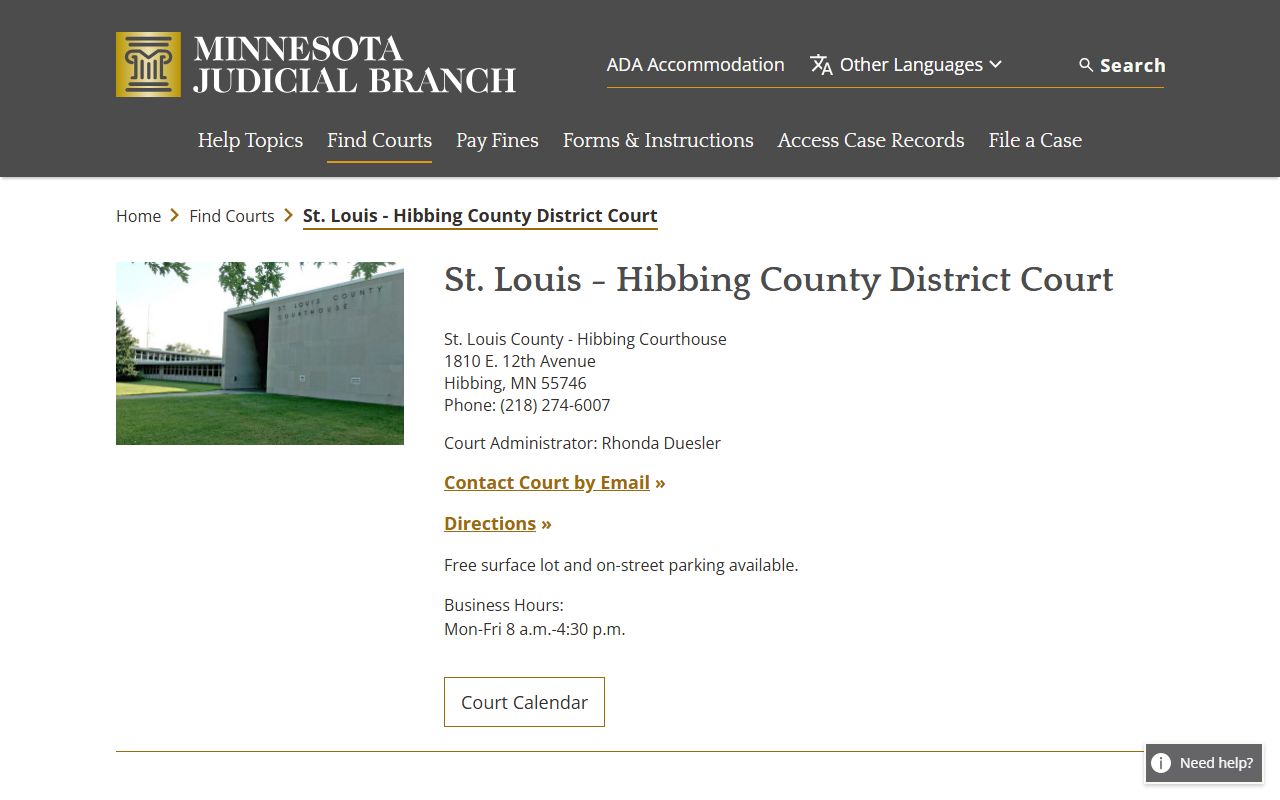 Hibbing District Court page for St. Louis County