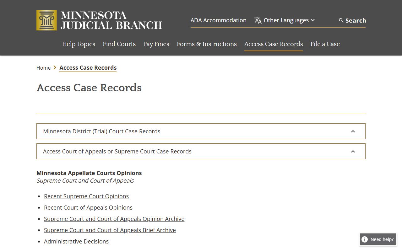 Minnesota access to court records and case records context