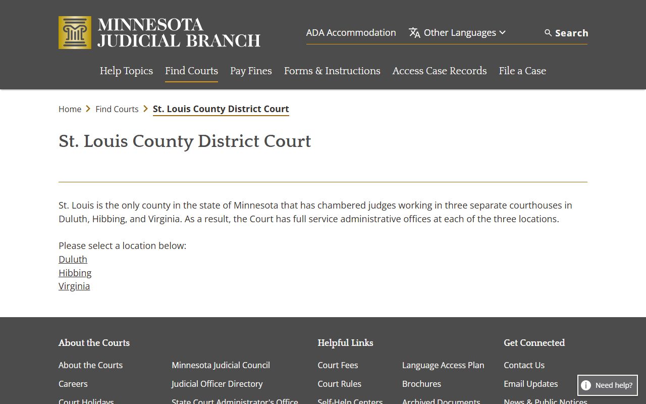 St. Louis County Minnesota District Court landing page on mncourts.gov