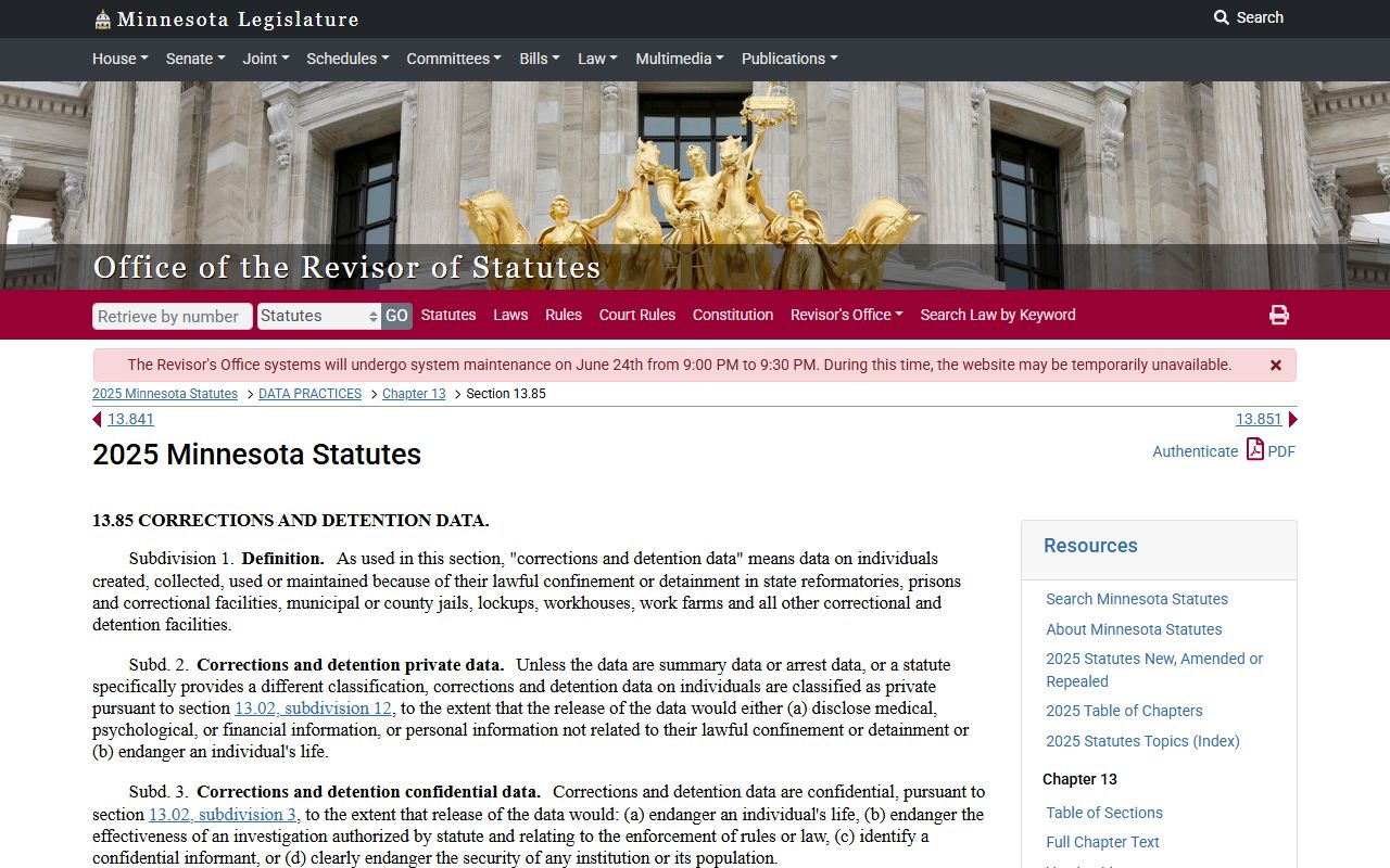Minnesota corrections and detention statute for custody data handling