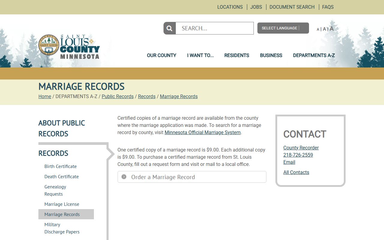 St. Louis County marriage records certificate request page