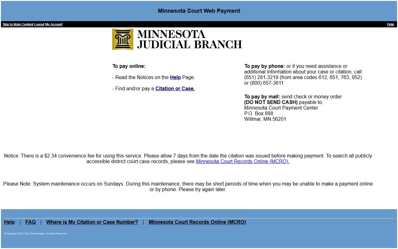 Court Web Payment interface for tickets and court cases