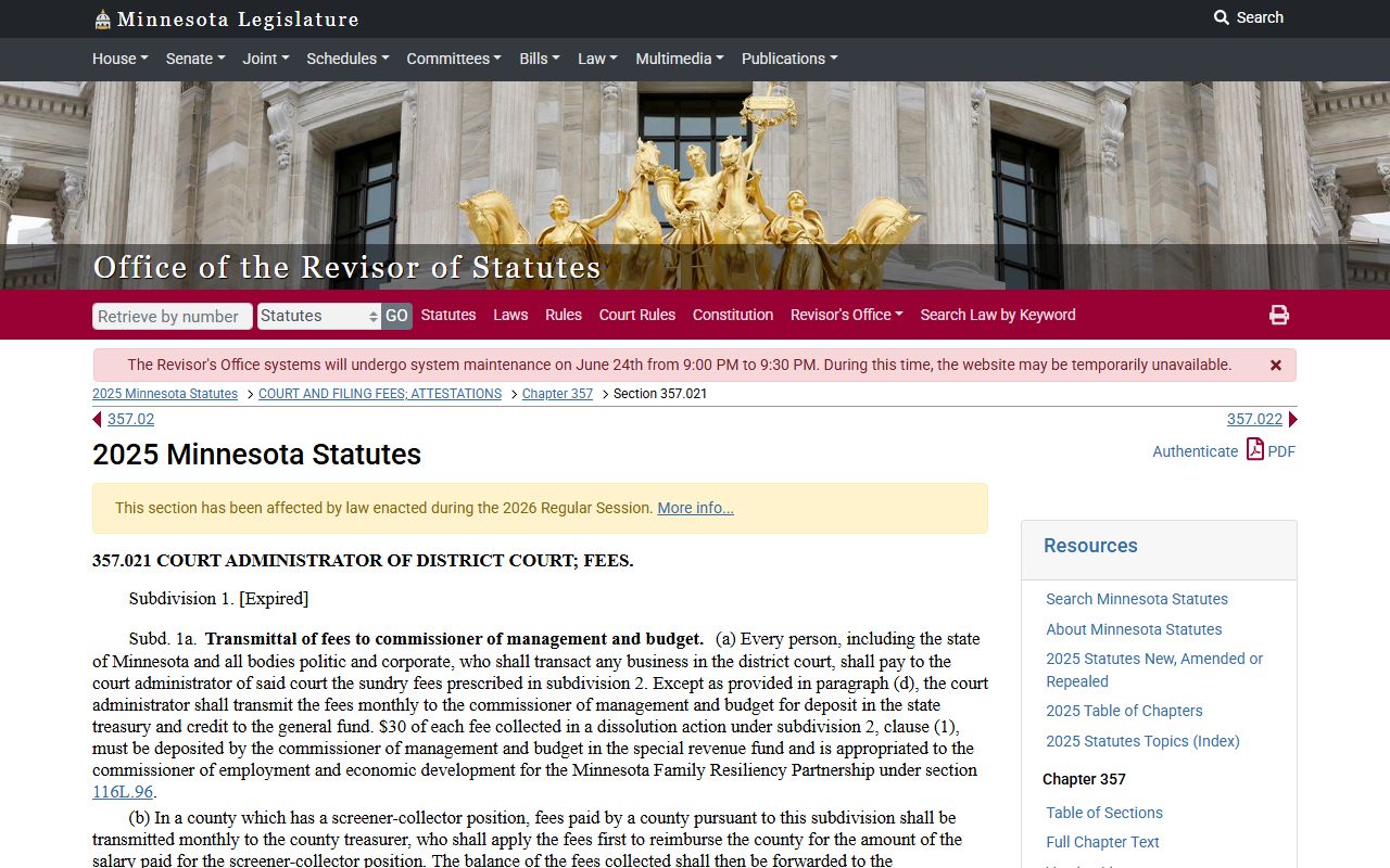 Minnesota District Court fee schedule source