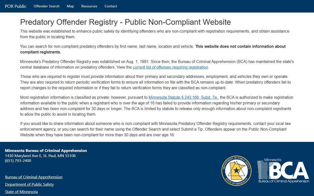 Minnesota predatory offender registry channel with offender status context