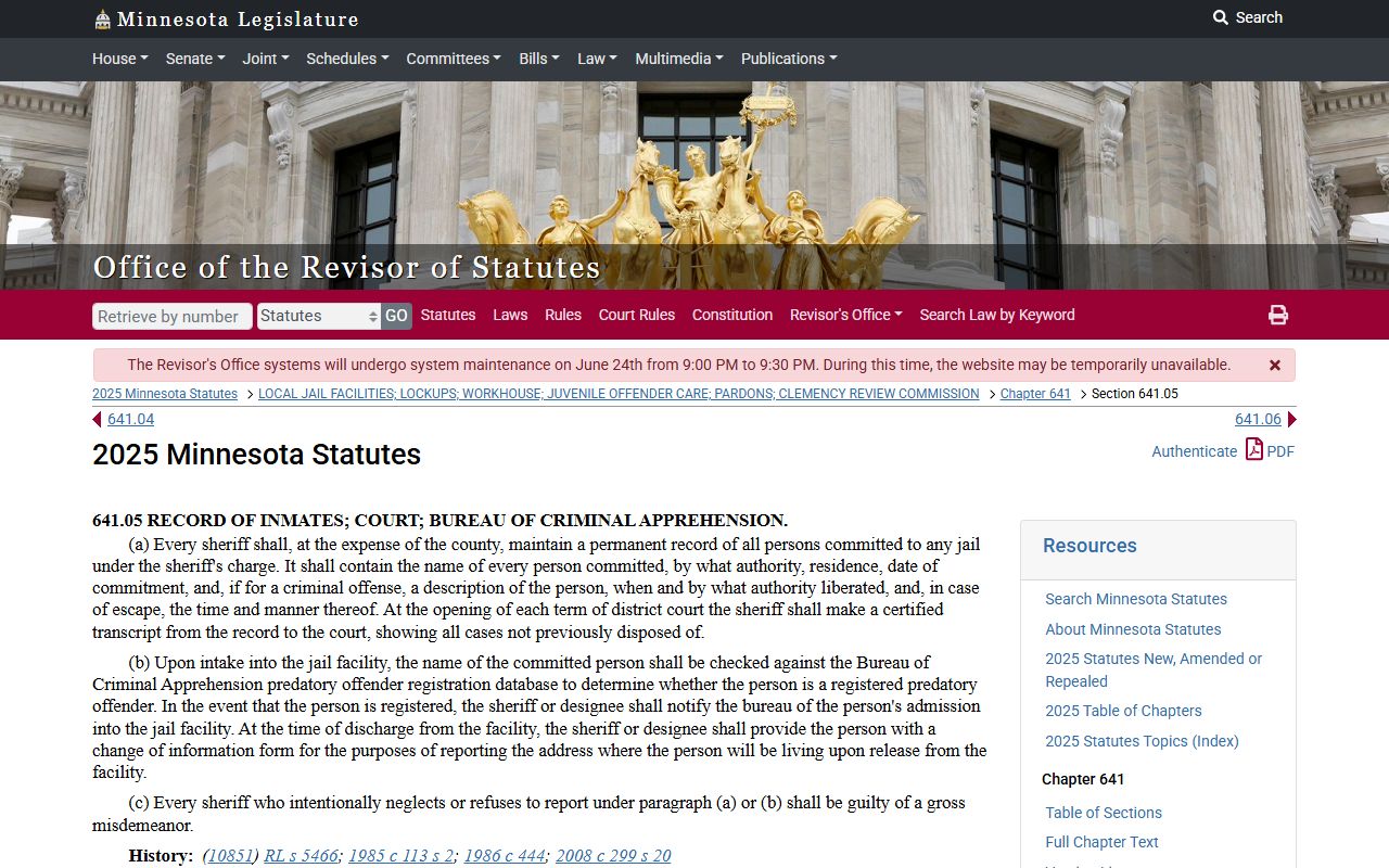 Minnesota jail register statute used for warrant publication context